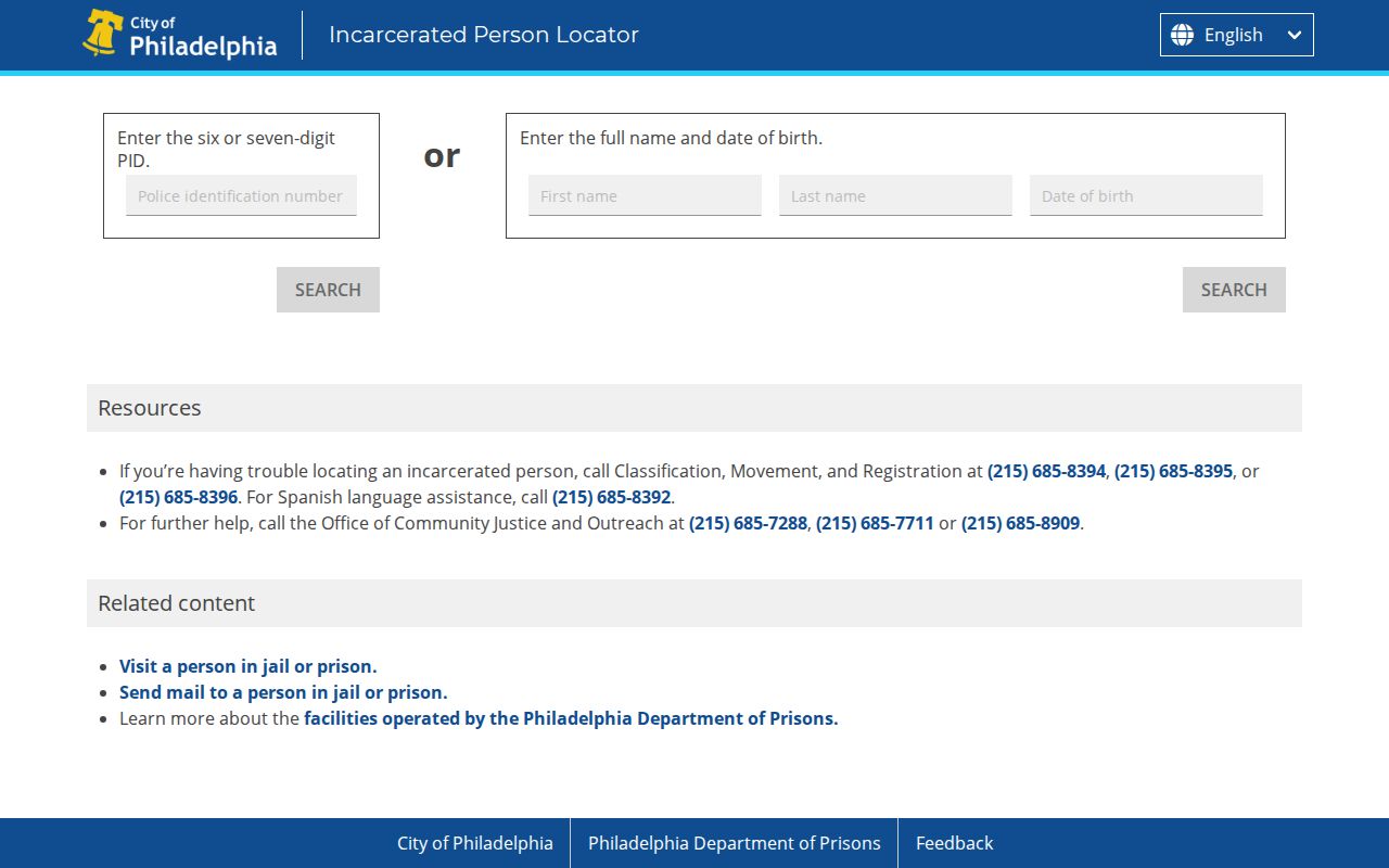 Philadelphia County current-custody locator for booking record searches